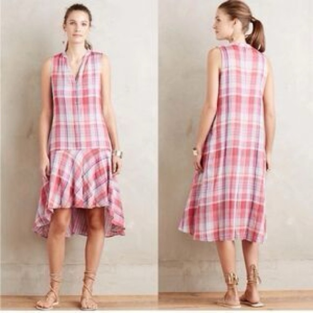 Anthropologie Maeve Pink Plaid Asymmetrical Dress XS